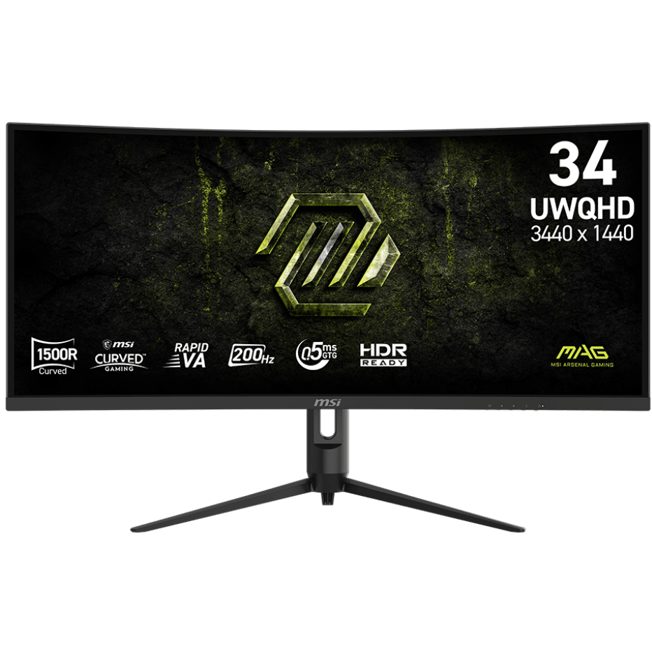 A large main feature product image of EX-DEMO MSI MAG 342CQRF E20 - 34" Curved 1440p 200Hz 0.5ms Rapid VA Gaming Monitor