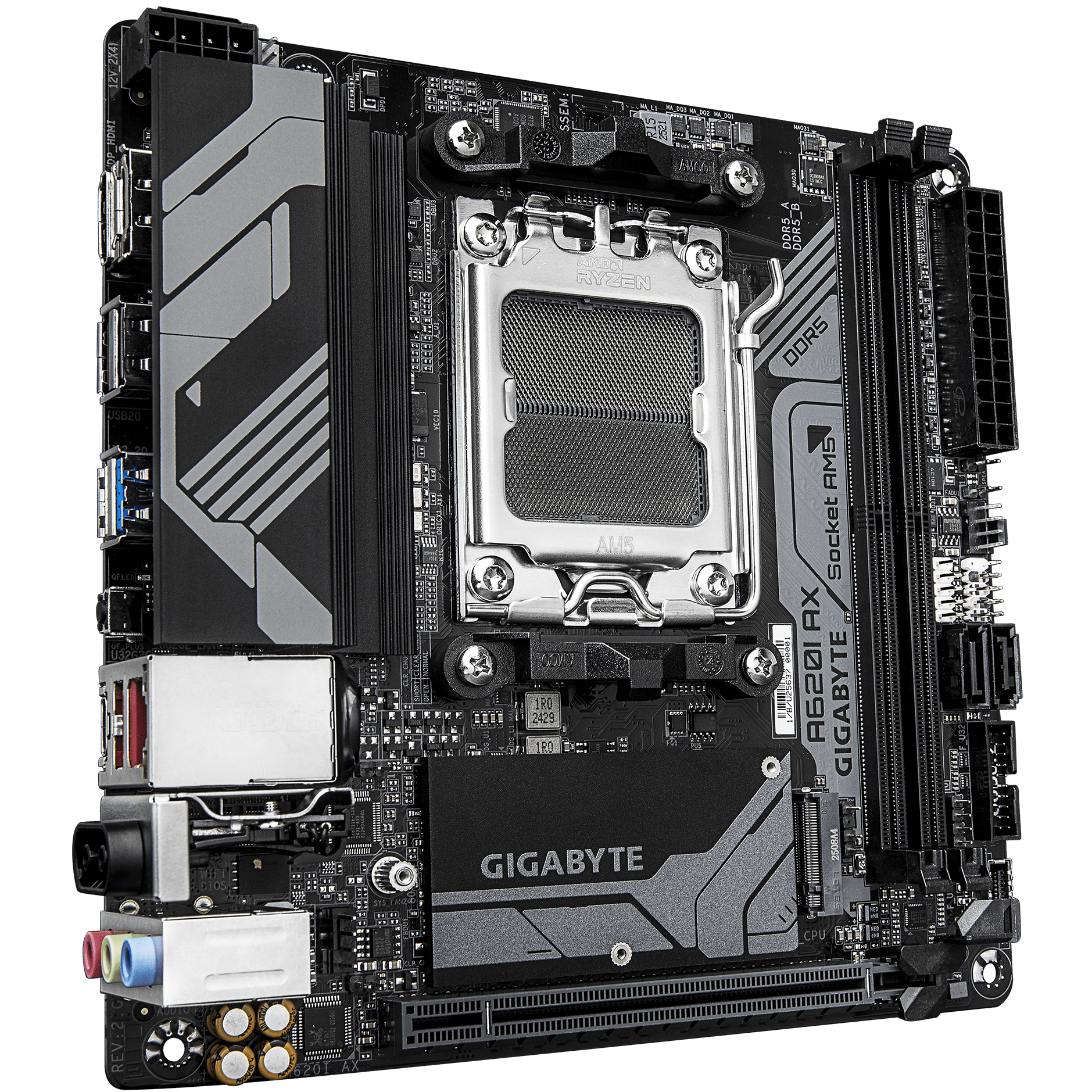 A large main feature product image of Gigabyte A620I AX AM5 DDR5 Mini-ITX Desktop Motherboard