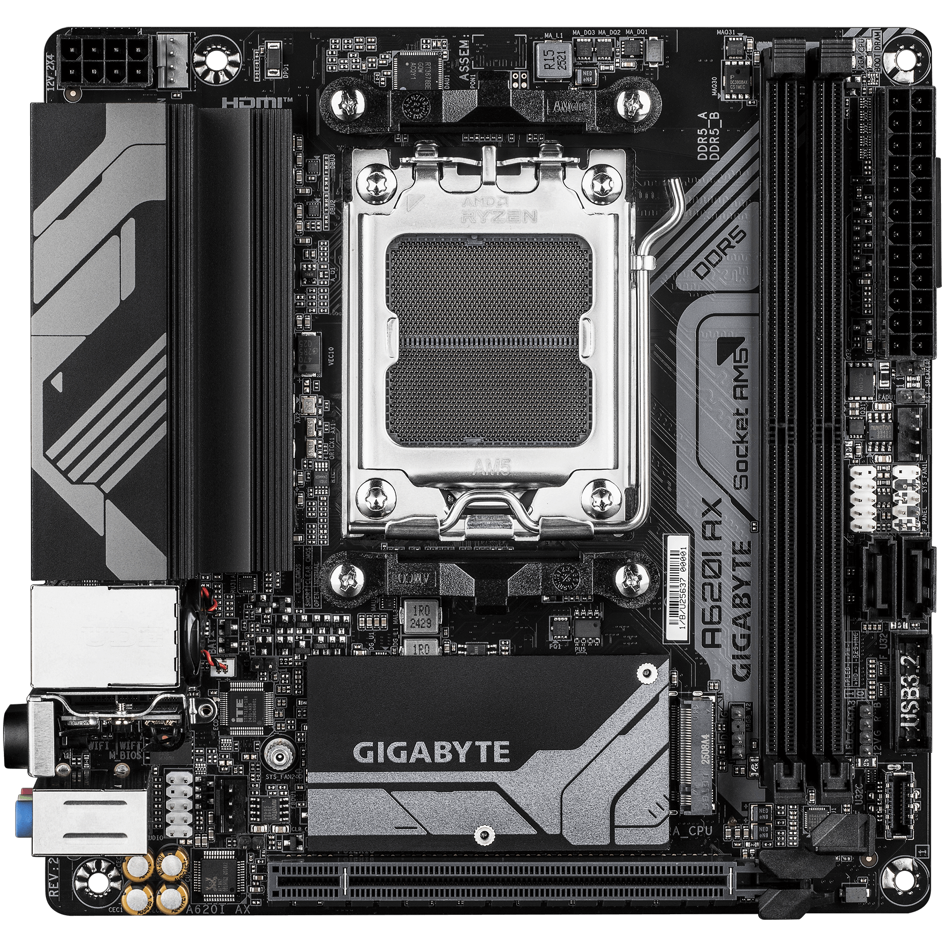 A large main feature product image of Gigabyte A620I AX AM5 DDR5 Mini-ITX Desktop Motherboard