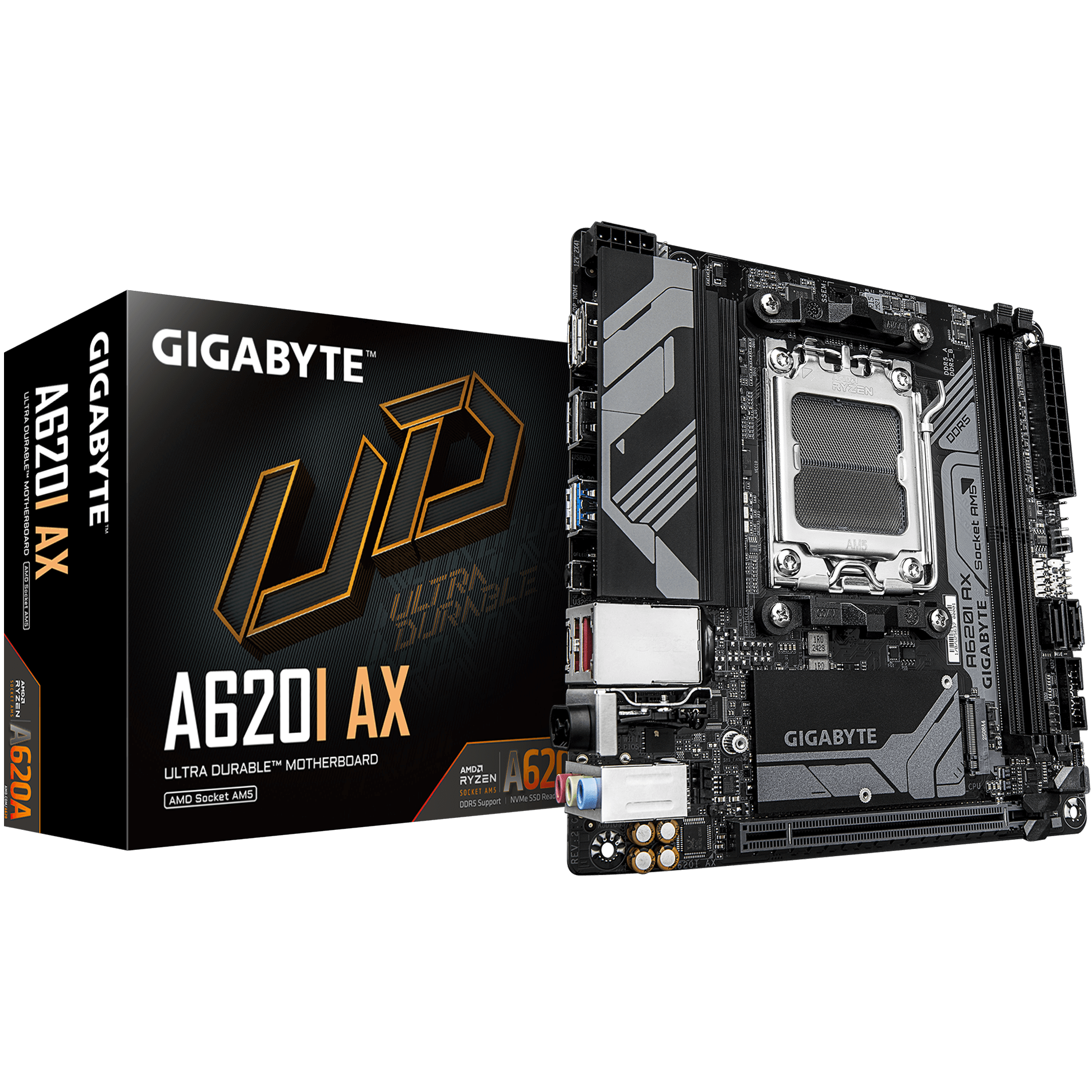 A large main feature product image of Gigabyte A620I AX AM5 DDR5 Mini-ITX Desktop Motherboard