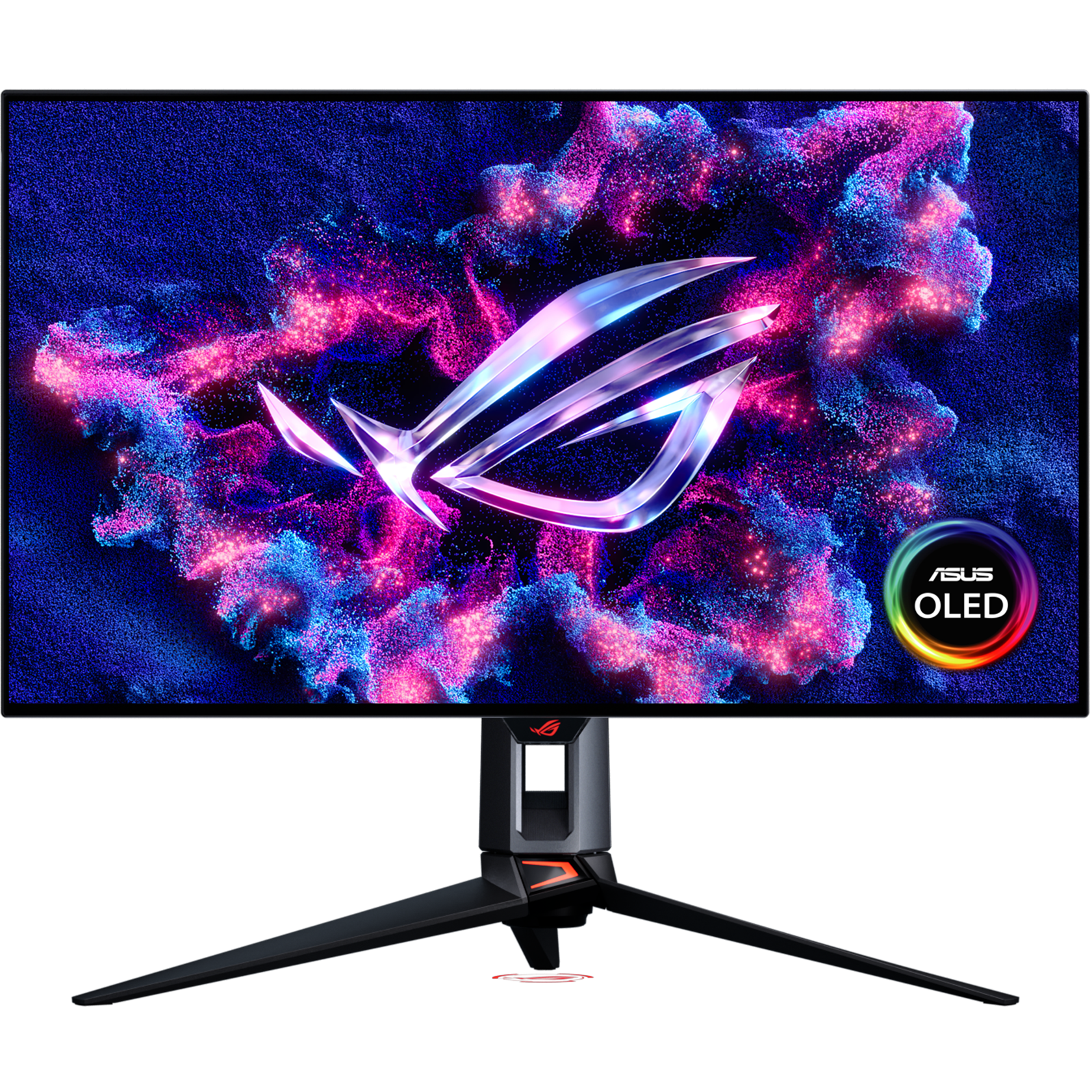 A large main feature product image of ASUS ROG Swift OLED PG32UCWM - 32" 4K 240Hz/1080p 480Hz 0.03ms Dual-Mode RGB Stripe WOLED Gaming Monitor