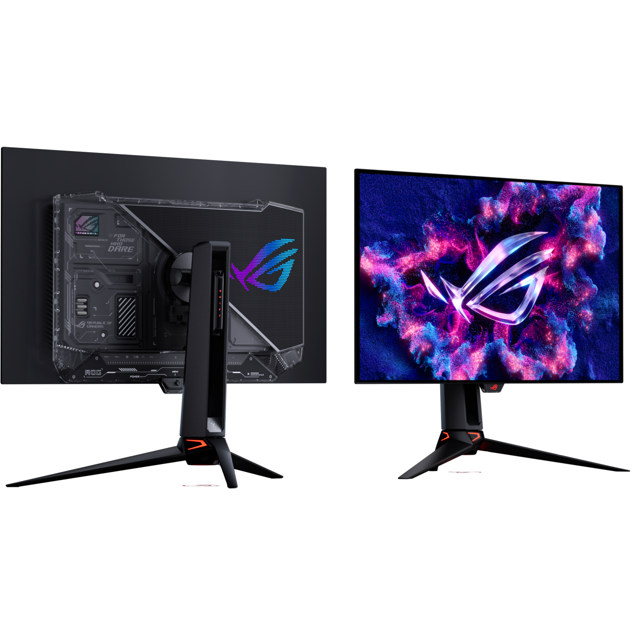 A large main feature product image of ASUS ROG Swift OLED PG32UCWM - 32" 4K 240Hz/1080p 480Hz 0.03ms Dual-Mode RGB Stripe WOLED Gaming Monitor