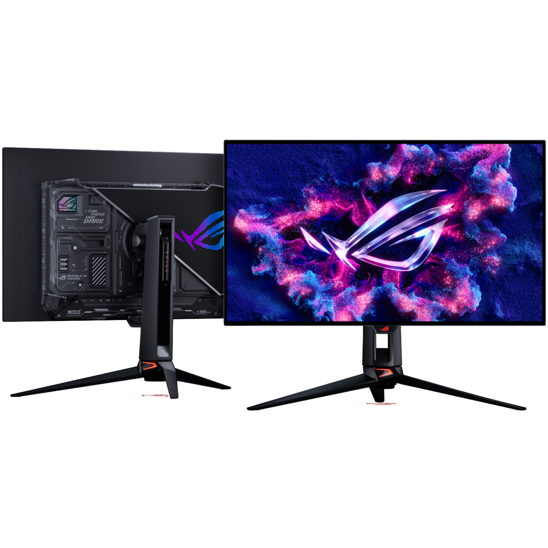 A large main feature product image of ASUS ROG Swift OLED PG32UCWM - 32" 4K 240Hz/1080p 480Hz 0.03ms Dual-Mode RGB Stripe WOLED Gaming Monitor