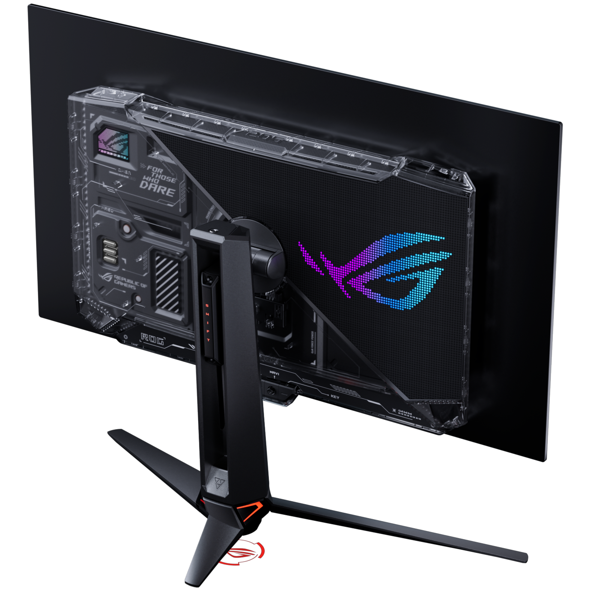 A large main feature product image of ASUS ROG Swift OLED PG32UCWM - 32" 4K 240Hz/1080p 480Hz 0.03ms Dual-Mode RGB Stripe WOLED Gaming Monitor