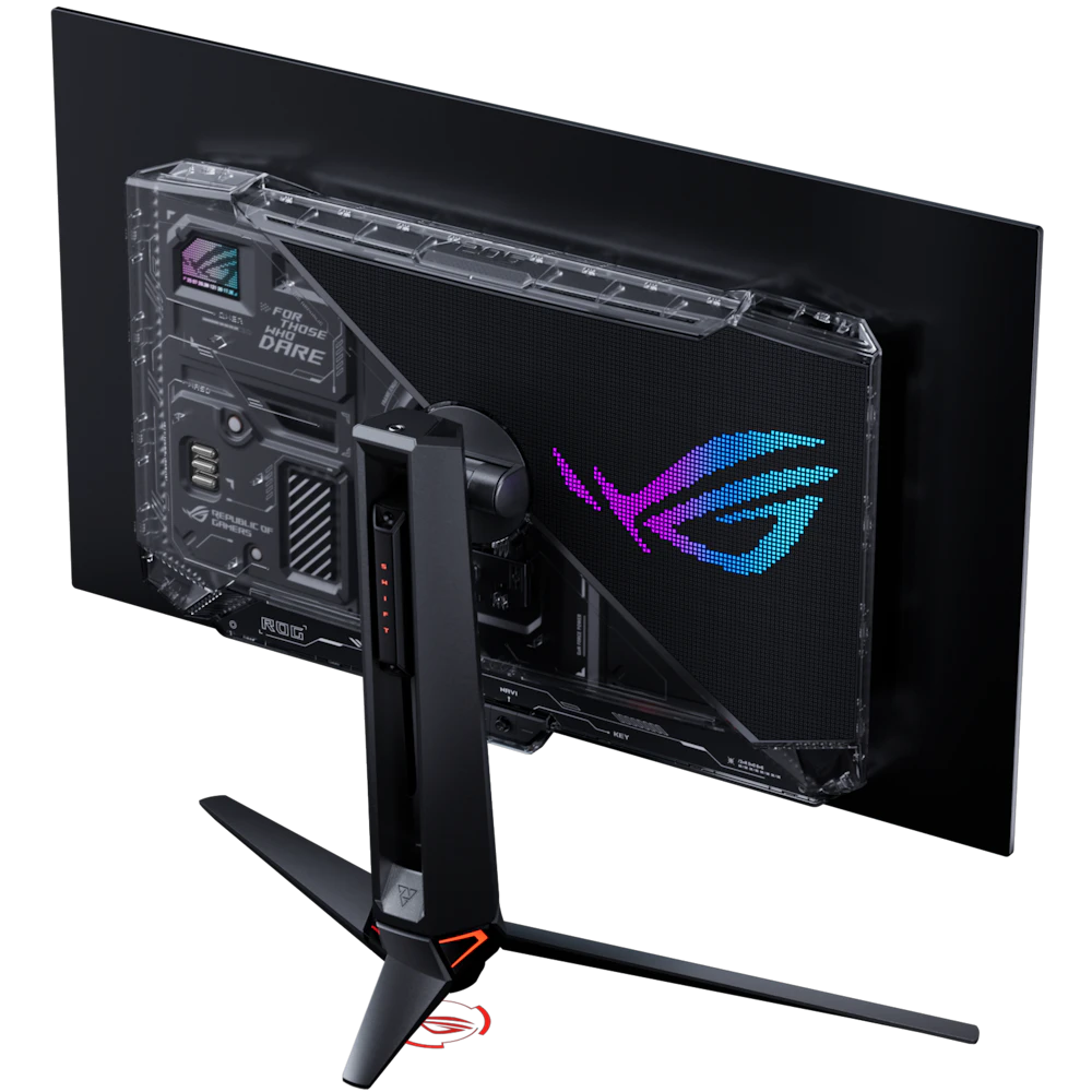 A large main feature product image of ASUS ROG Swift OLED PG32UCWM - 32" 4K 240Hz/1080p 480Hz 0.03ms Dual-Mode RGB Stripe Gaming Monitor