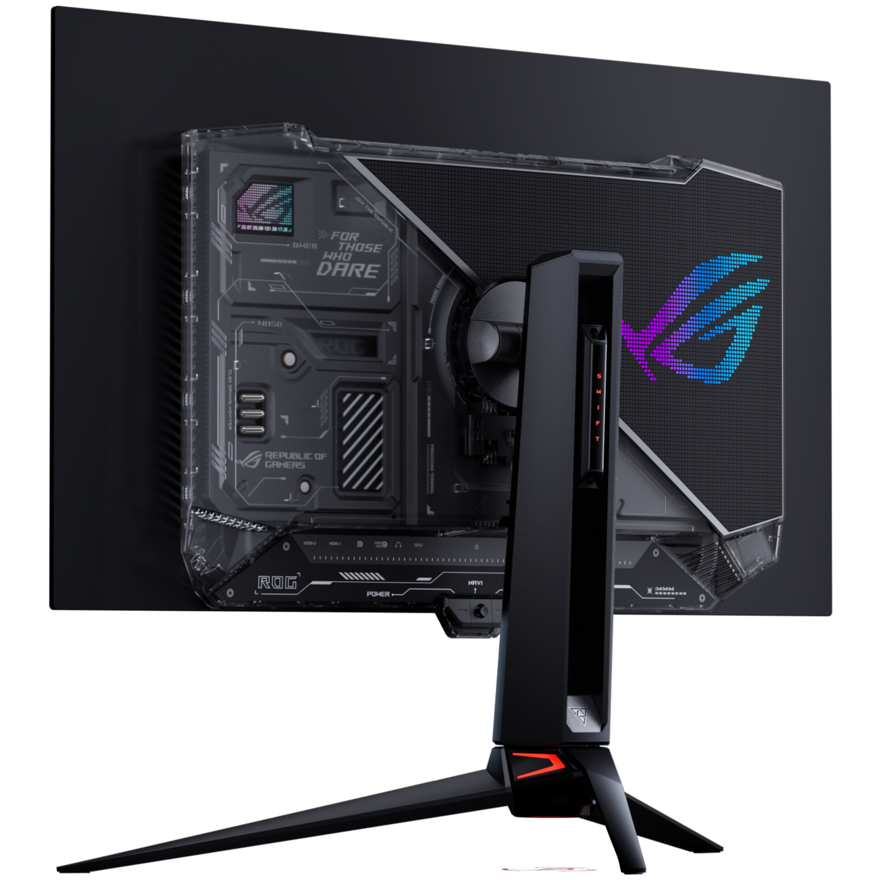 A large main feature product image of ASUS ROG Swift OLED PG32UCWM - 32" 4K 240Hz/1080p 480Hz 0.03ms Dual-Mode RGB Stripe WOLED Gaming Monitor