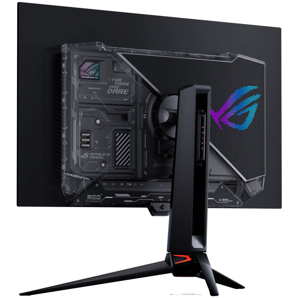 A large main feature product image of ASUS ROG Swift OLED PG32UCWM - 32" 4K 240Hz/1080p 480Hz 0.03ms Dual-Mode RGB Stripe Gaming Monitor