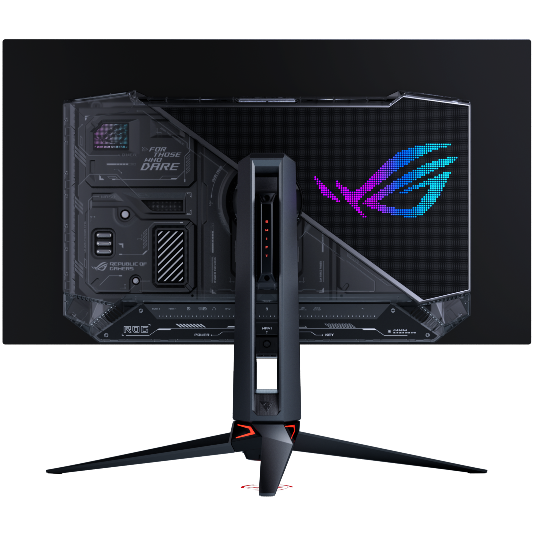 A large main feature product image of ASUS ROG Swift OLED PG32UCWM - 32" 4K 240Hz/1080p 480Hz 0.03ms Dual-Mode RGB Stripe WOLED Gaming Monitor