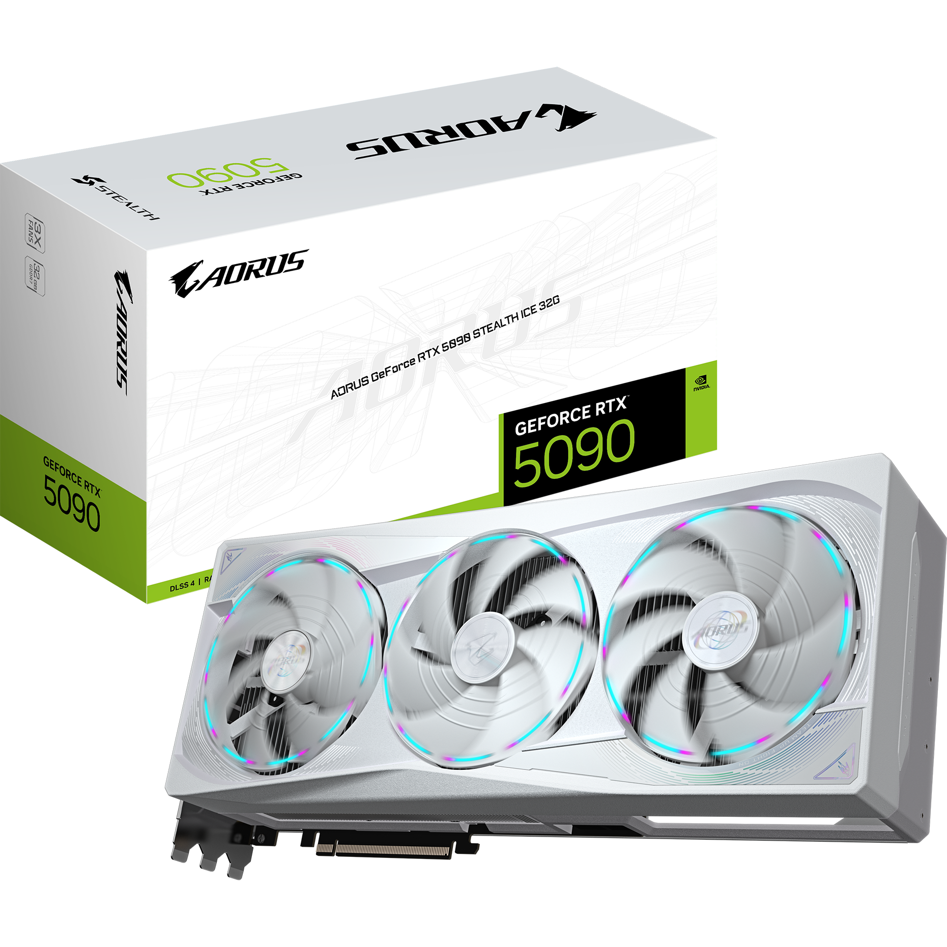 A large main feature product image of Gigabyte AORUS GeForce RTX 5090 STEALTH ICE 32GB GDDR7