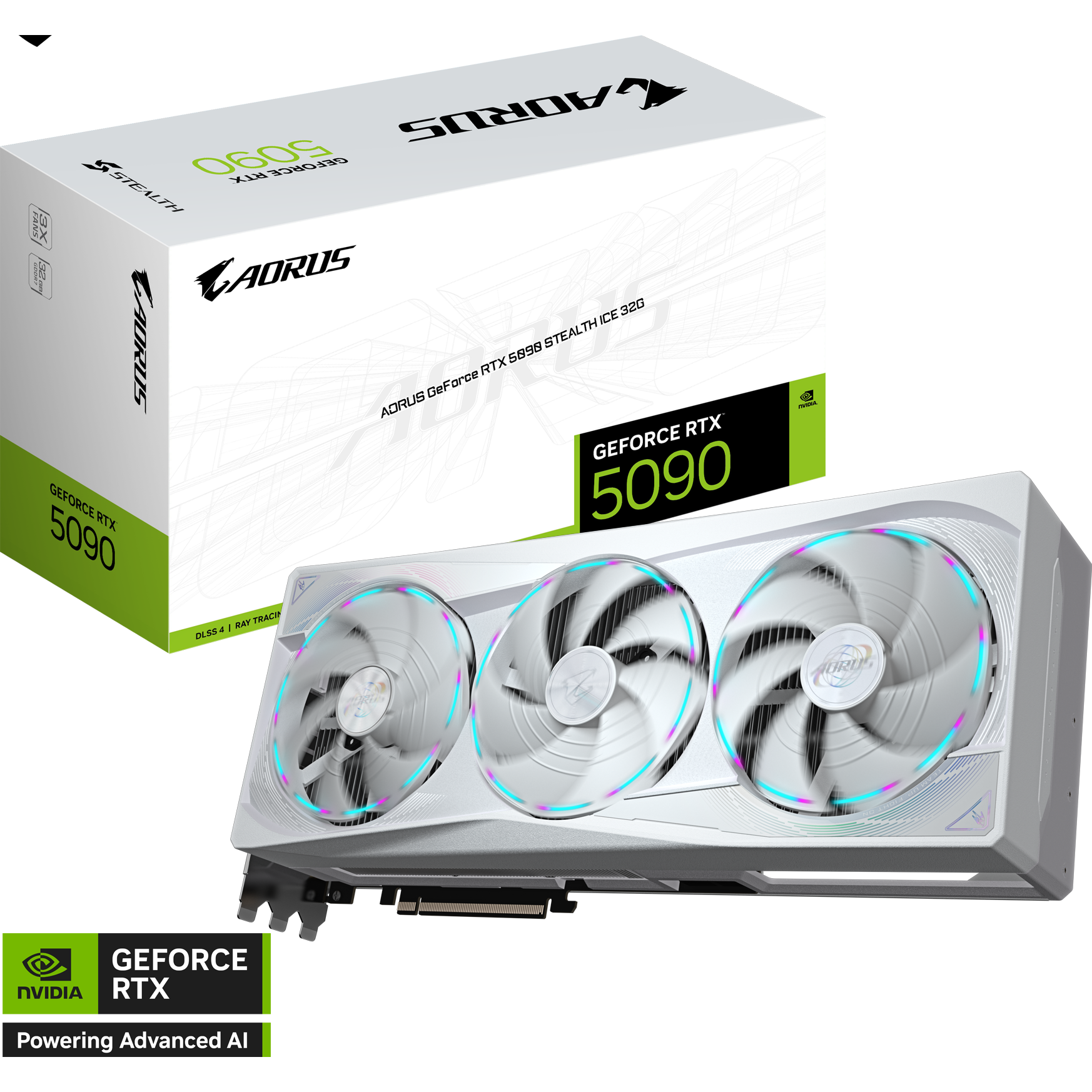 A large main feature product image of Gigabyte AORUS GeForce RTX 5090 STEALTH ICE 32GB GDDR7