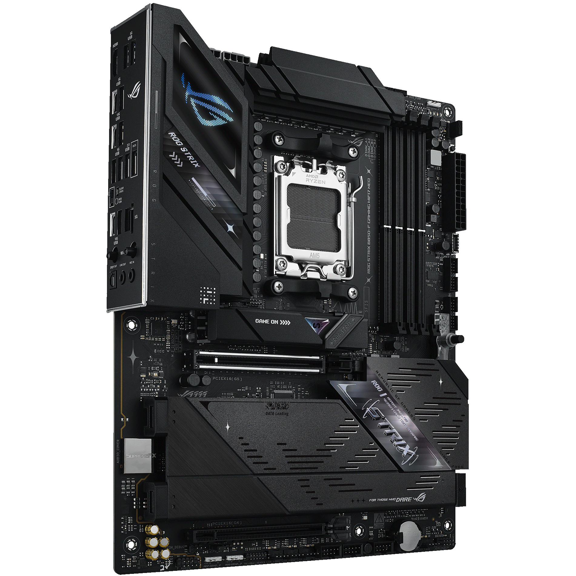 A large main feature product image of ASUS ROG Strix B850-F Gaming WiFi7 NEO AM5 ATX Desktop Motherboard