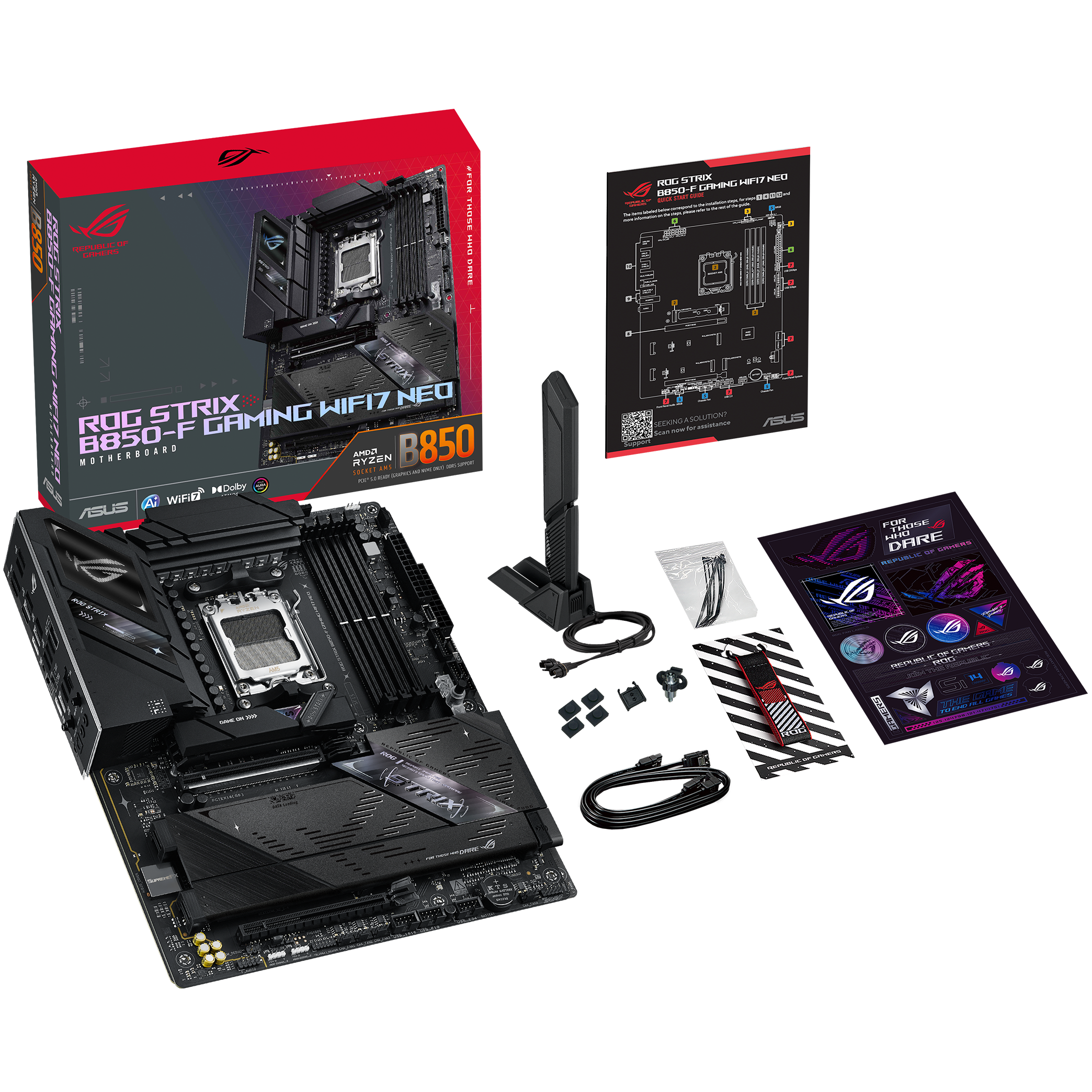 A large main feature product image of ASUS ROG Strix B850-F Gaming WiFi7 NEO AM5 ATX Desktop Motherboard