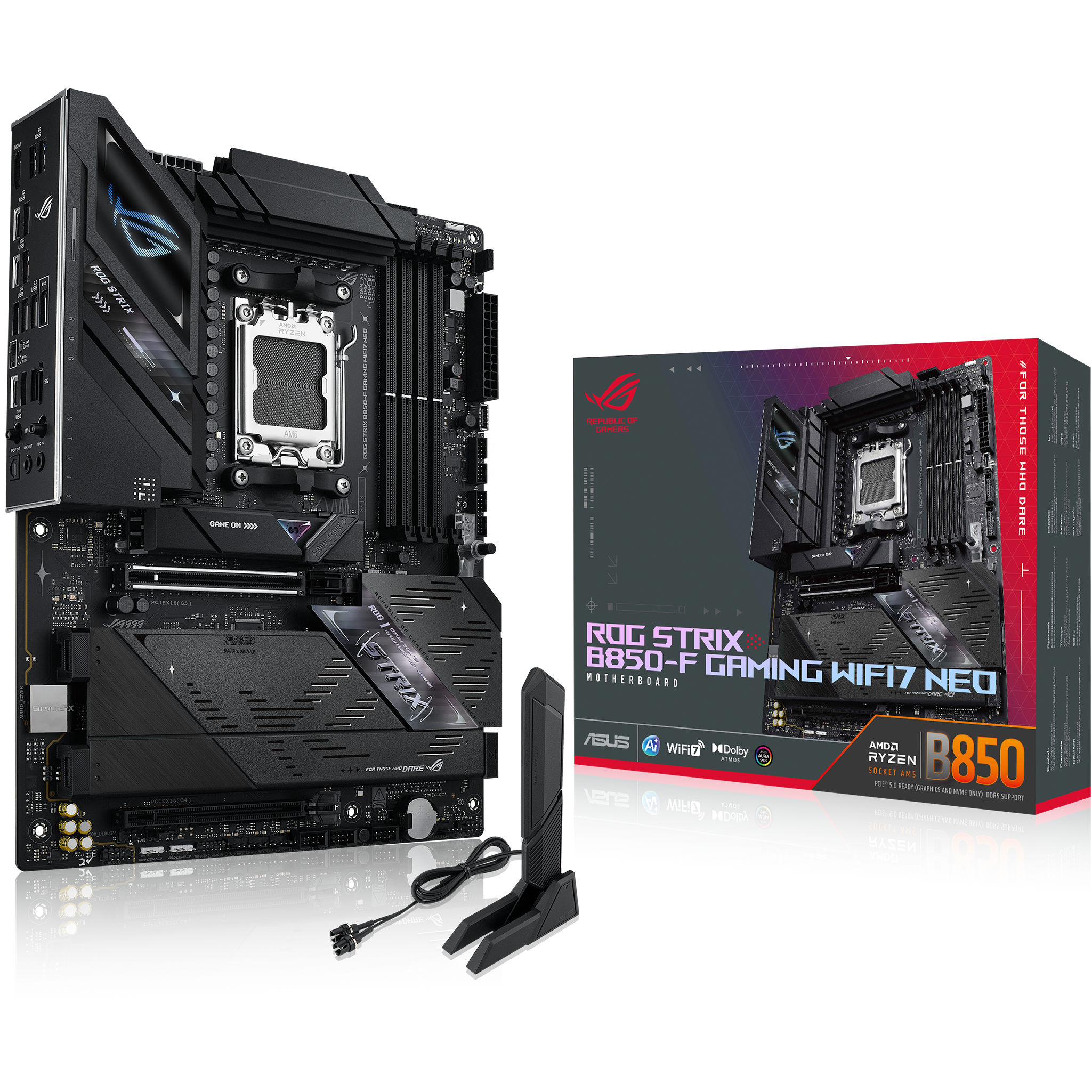 A large main feature product image of ASUS ROG Strix B850-F Gaming WiFi7 NEO AM5 ATX Desktop Motherboard