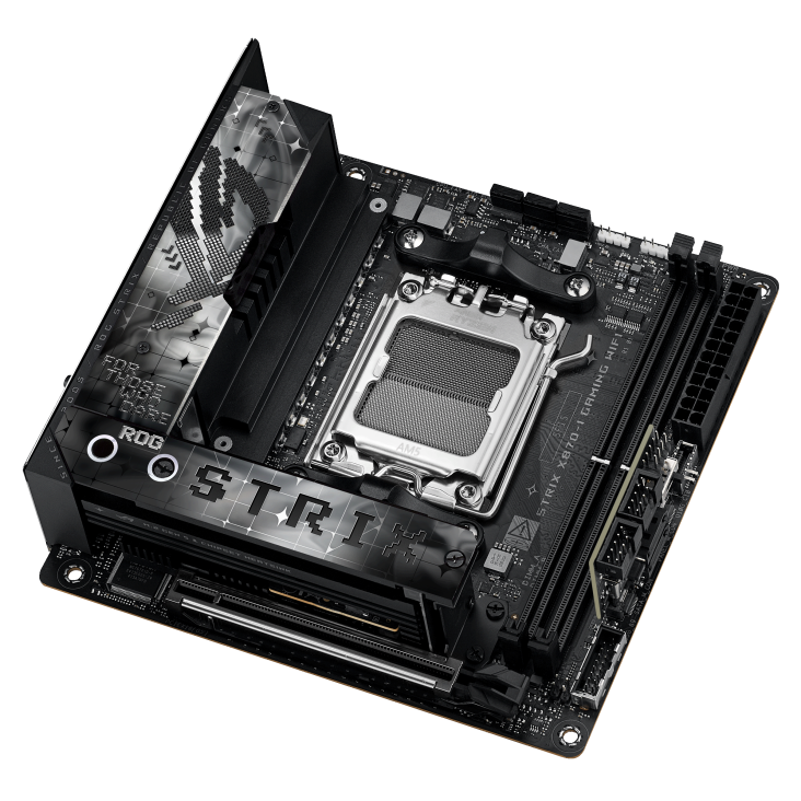 A large main feature product image of EX-DEMO ASUS ROG Strix X870-I Gaming WiFi AM5 Mini-ITX Desktop Motherboard