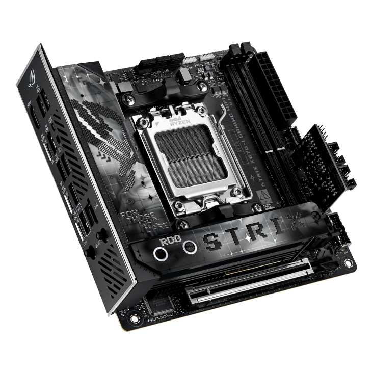 A large main feature product image of EX-DEMO ASUS ROG Strix X870-I Gaming WiFi AM5 Mini-ITX Desktop Motherboard