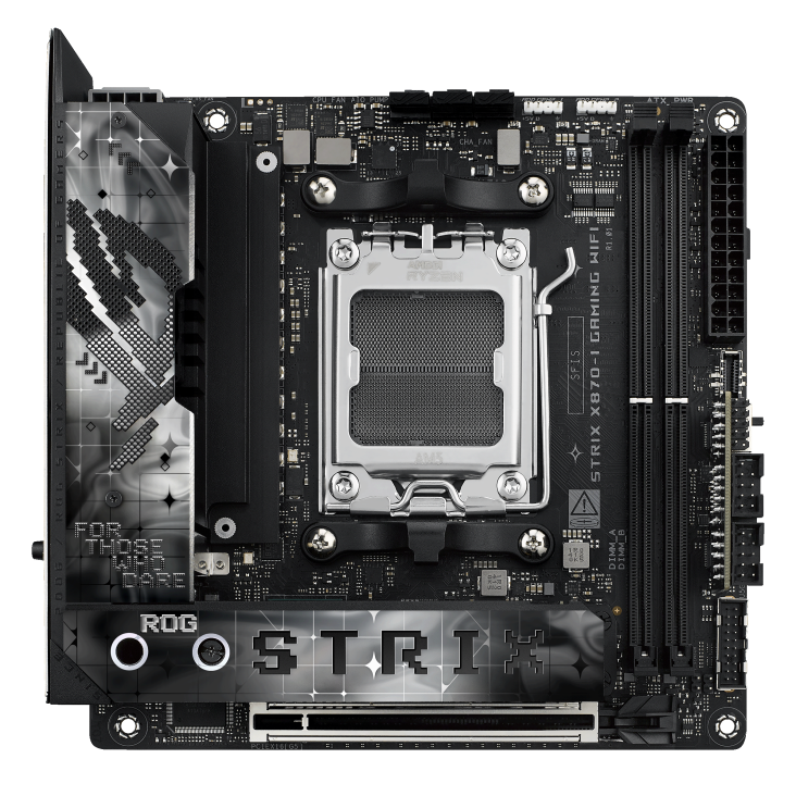 A large main feature product image of EX-DEMO ASUS ROG Strix X870-I Gaming WiFi AM5 Mini-ITX Desktop Motherboard