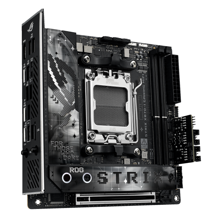 A large main feature product image of EX-DEMO ASUS ROG Strix X870-I Gaming WiFi AM5 Mini-ITX Desktop Motherboard
