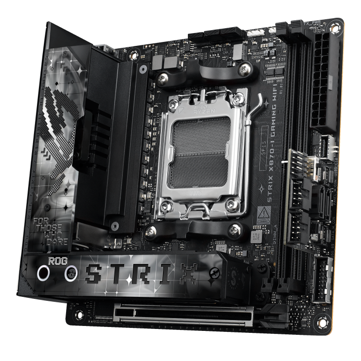 A large main feature product image of EX-DEMO ASUS ROG Strix X870-I Gaming WiFi AM5 Mini-ITX Desktop Motherboard