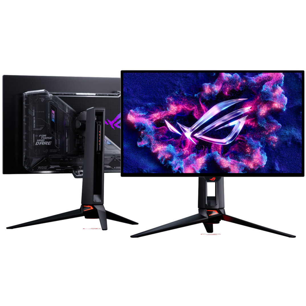 A large main feature product image of ASUS ROG Swift OLED PG27UCWM - 27" 4K 240Hz/1080p 480Hz 0.03ms Dual-Mode RGB Stripe Gaming Monitor