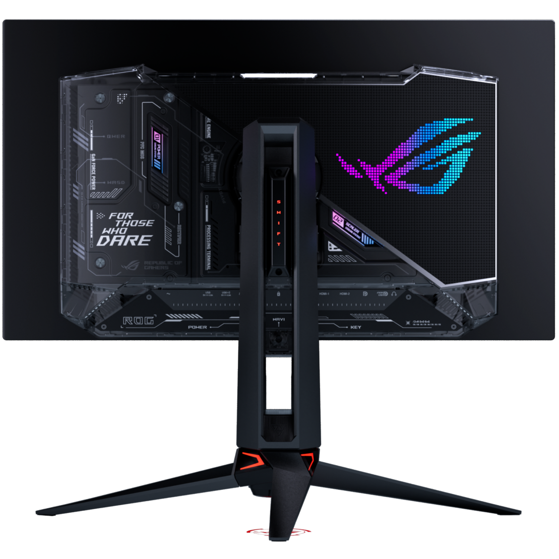 A large main feature product image of ASUS ROG Swift OLED PG27UCWM - 27" 4K 240Hz/1080p 480Hz 0.03ms Dual-Mode RGB Stripe Gaming Monitor