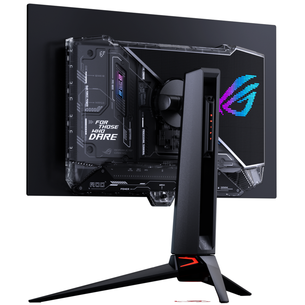 A large main feature product image of ASUS ROG Swift OLED PG27UCWM - 27" 4K 240Hz/1080p 480Hz 0.03ms Dual-Mode RGB Stripe Gaming Monitor