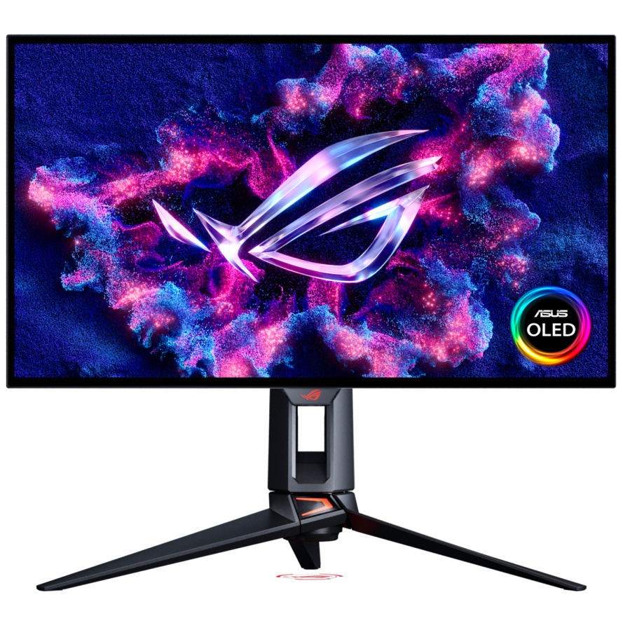 A large main feature product image of ASUS ROG Swift OLED PG27UCWM - 27" 4K 240Hz/1080p 480Hz 0.03ms Dual-Mode RGB Stripe Gaming Monitor
