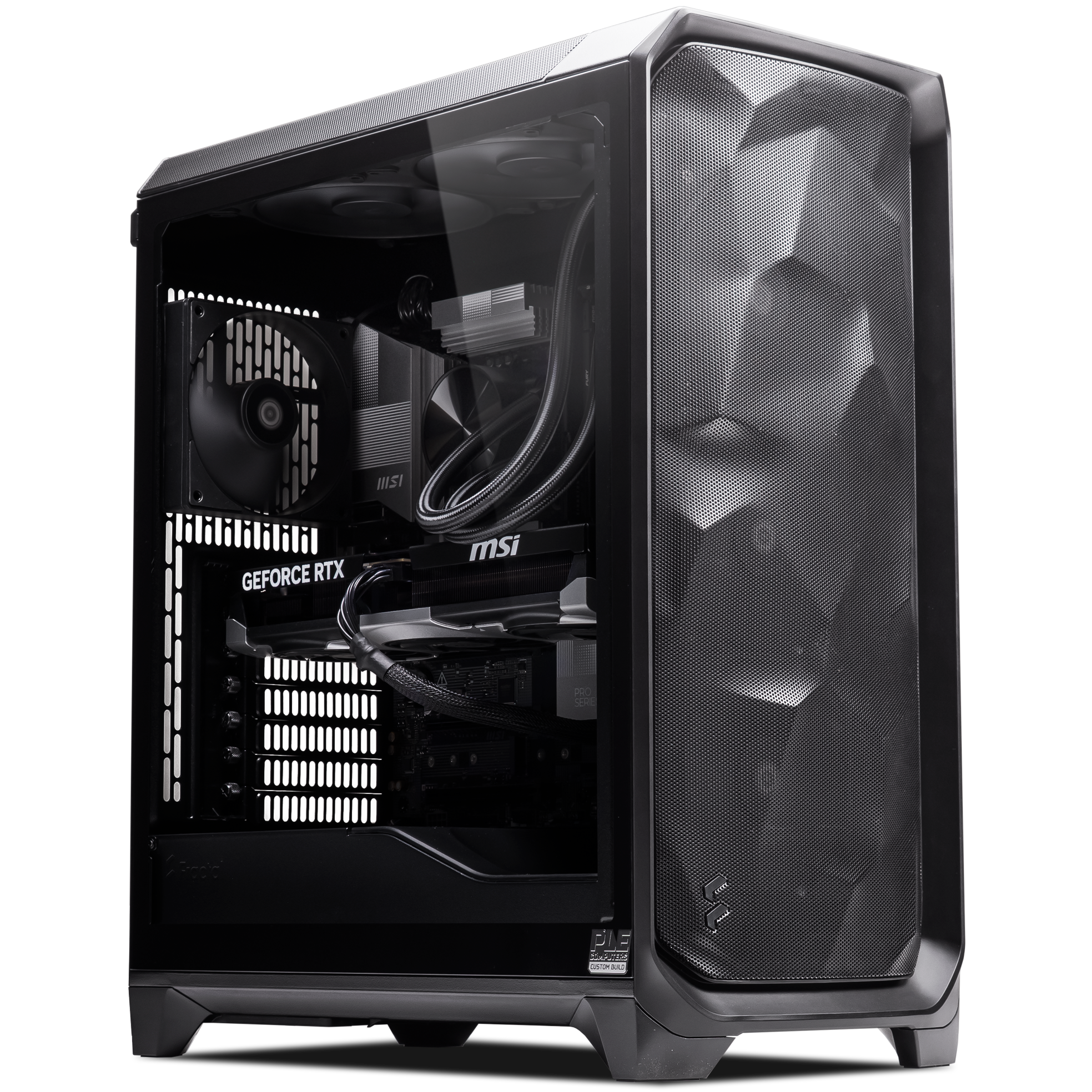 A large main feature product image of PLE Meshify RTX 5070 Prebuilt Ready To Go Gaming PC