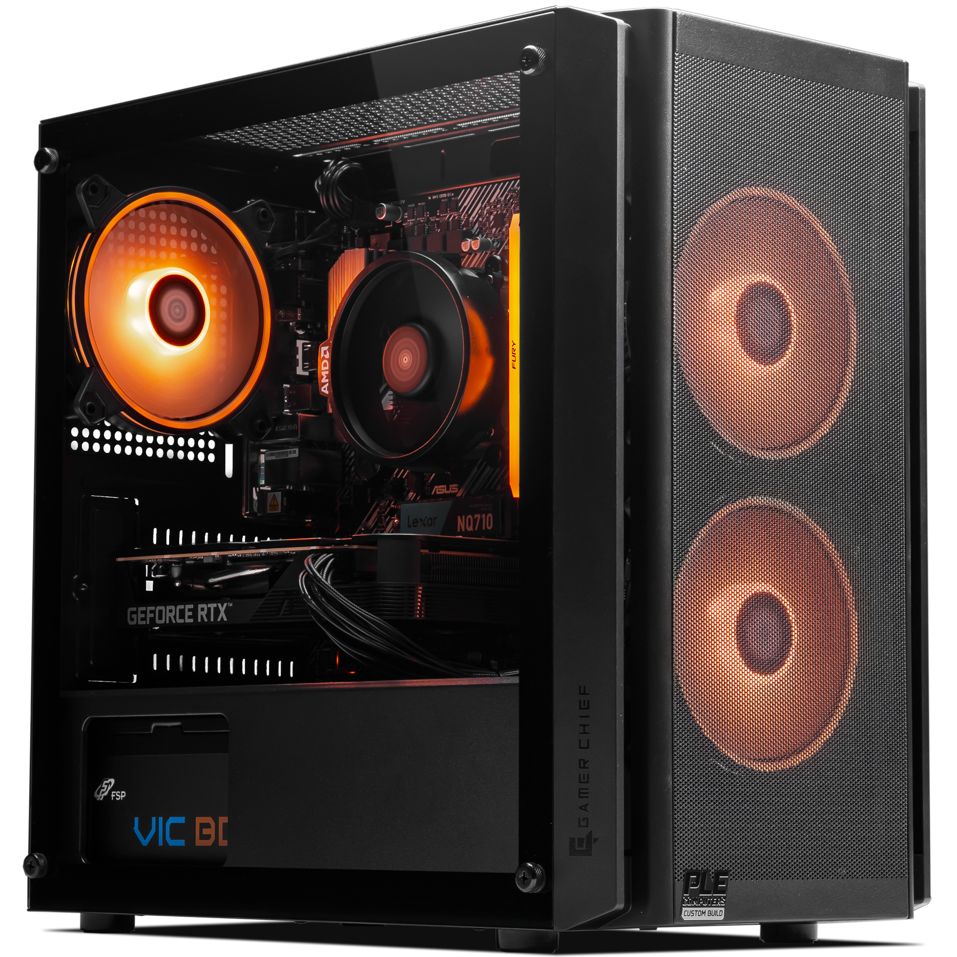 A large main feature product image of PLE Amber RTX 5050 Prebuilt Ready To Go Gaming PC