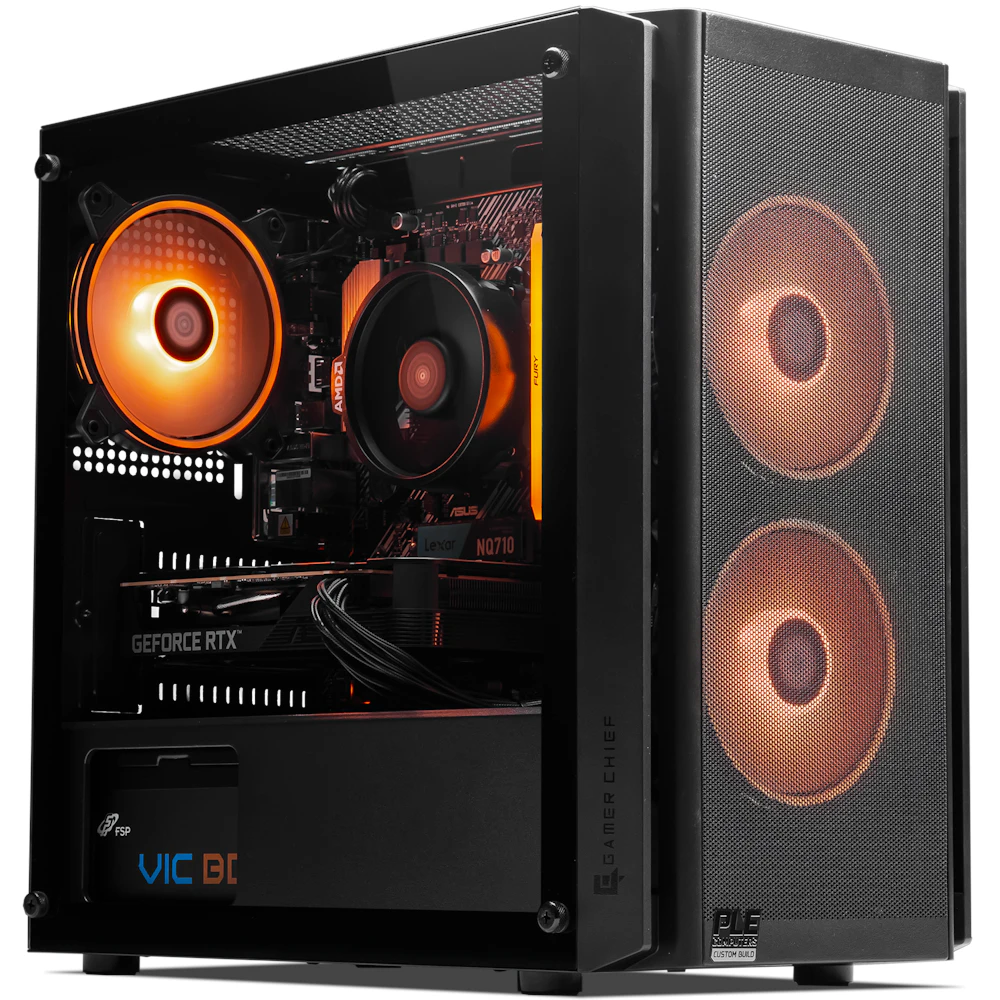 A large main feature product image of PLE Amber RTX 5050 Prebuilt Ready To Go Gaming PC