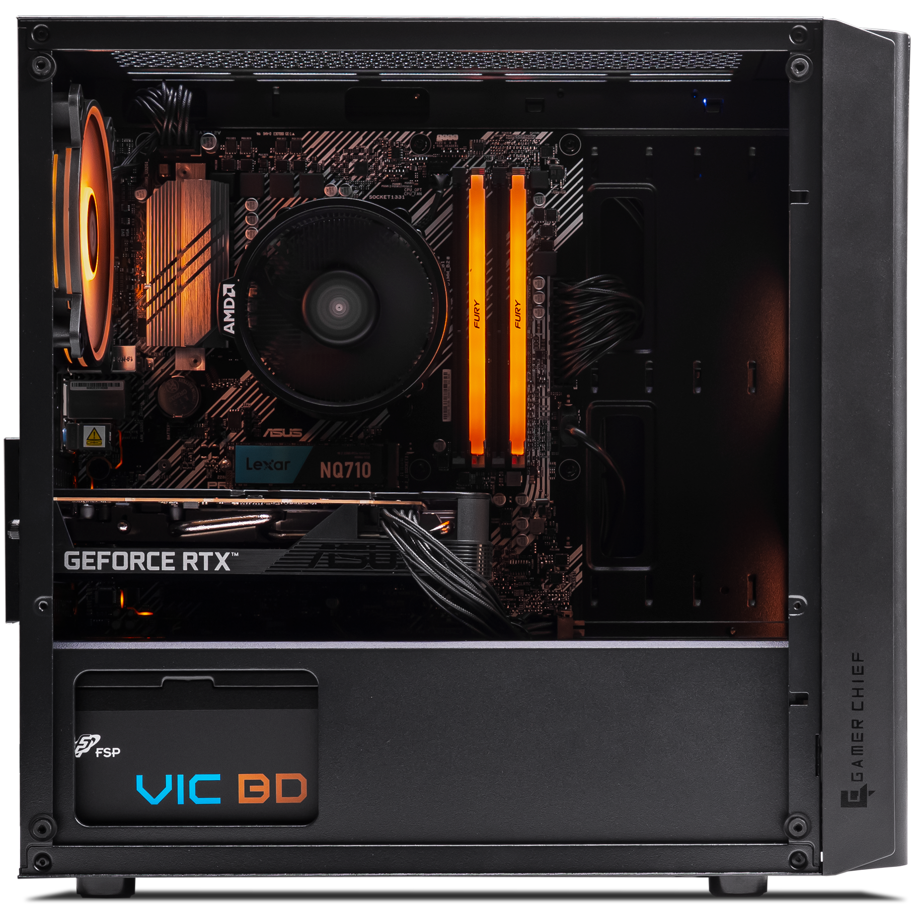 A large main feature product image of PLE Amber RTX 5050 Prebuilt Ready To Go Gaming PC