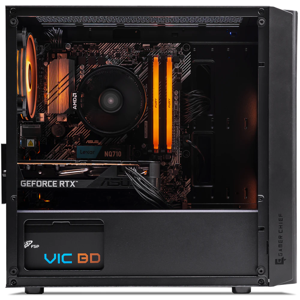 A large main feature product image of PLE Amber RTX 5050 Prebuilt Ready To Go Gaming PC