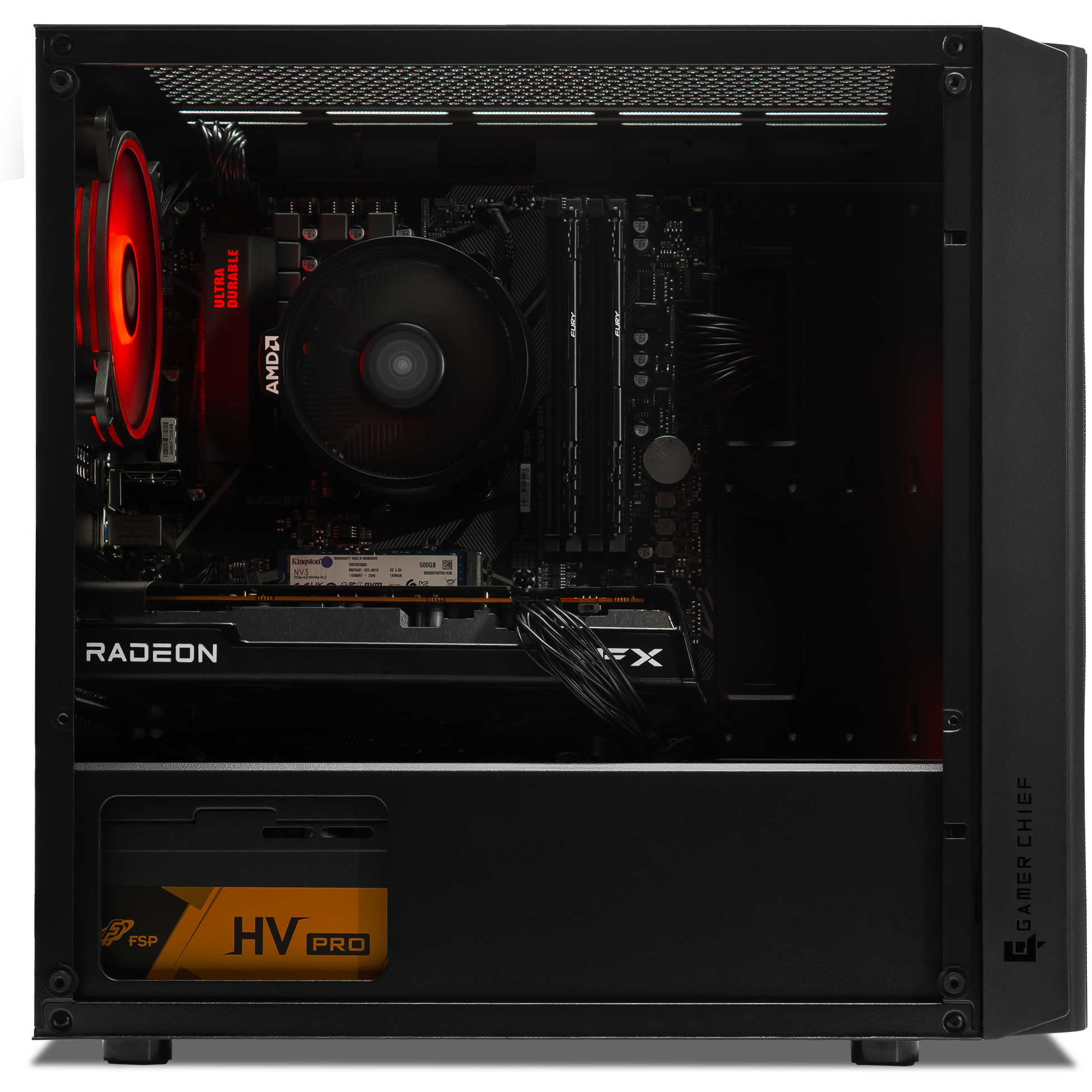 A large main feature product image of EX-DEMO PLE Crimson RX 7600 Prebuilt Ready To Go Gaming PC
