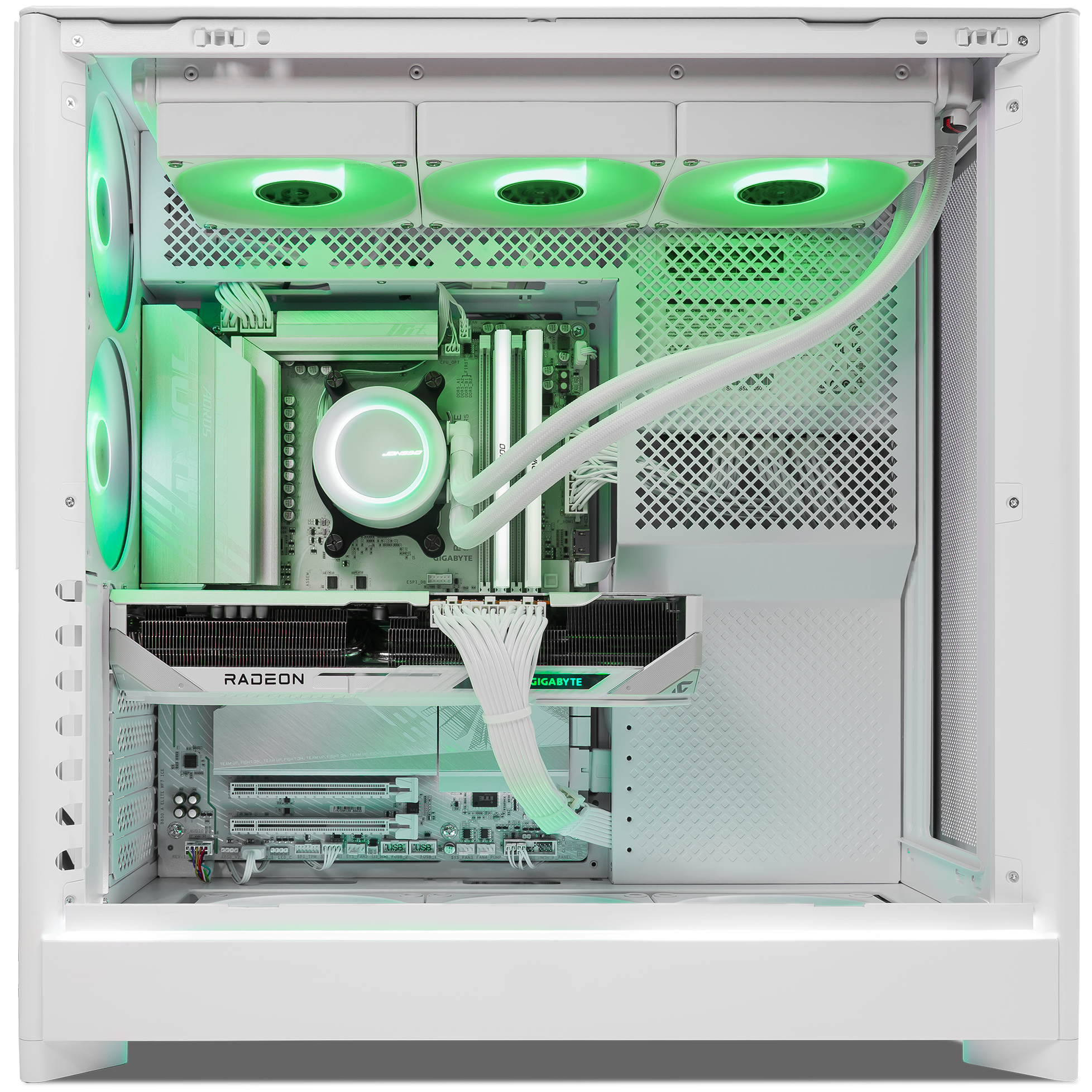 A large main feature product image of EX-DEMO PLE Mint RX 9070 XT Prebuilt Ready To Go Gaming PC