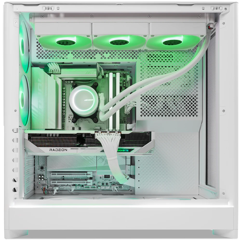 A large main feature product image of EX-DEMO PLE Mint RX 9070 XT Prebuilt Ready To Go Gaming PC