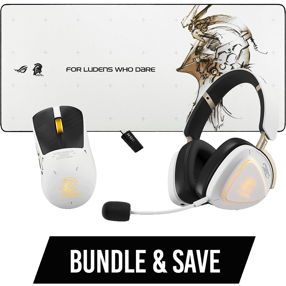 A large main feature product image of ROG x Kojima Productions Peripheral Bundle