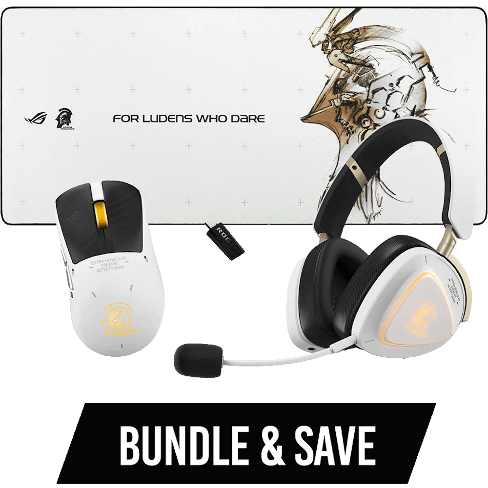 A large main feature product image of ROG x Kojima Productions Peripheral Bundle
