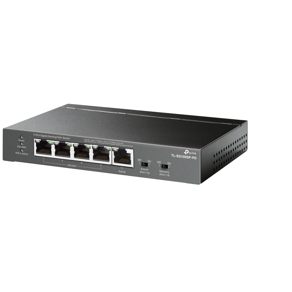 A large main feature product image of EX-DEMO TP-Link TL-SG1005P-PD - 5-Port Gigabit Desktop PoE+ Switch 