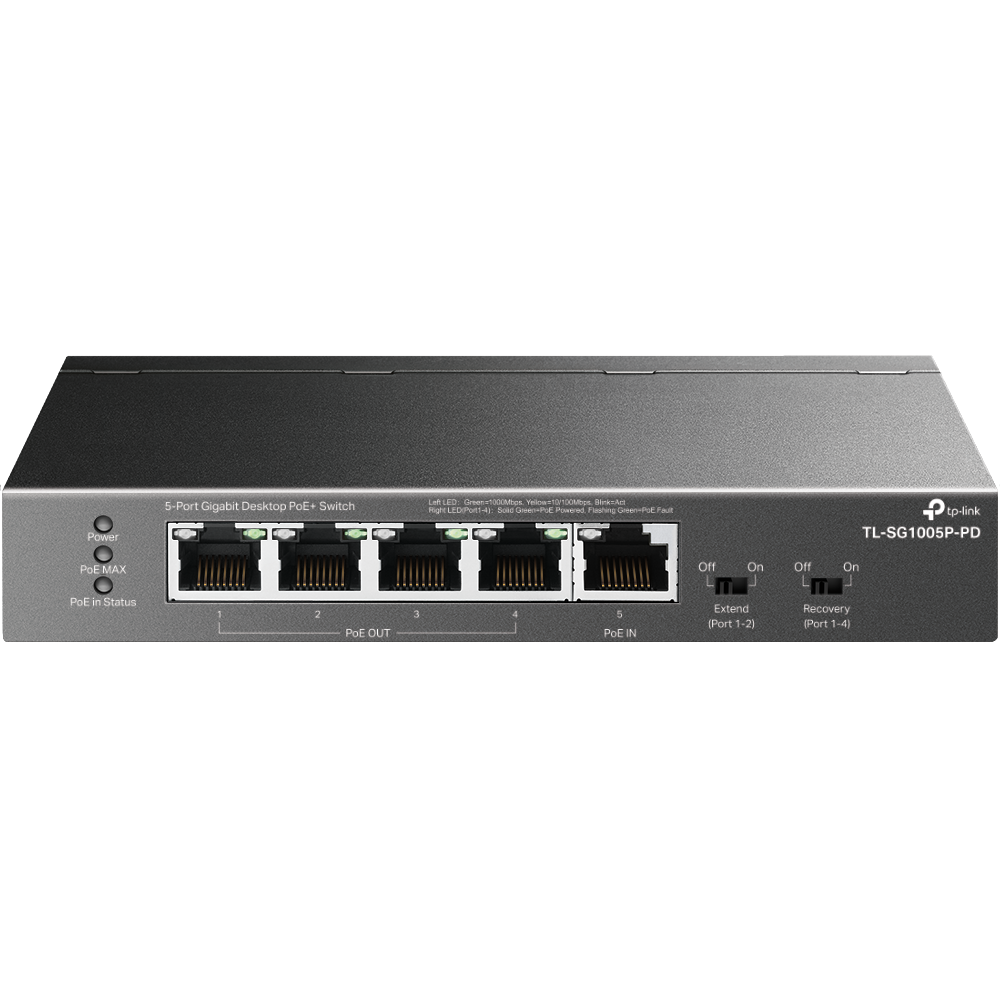 A large main feature product image of EX-DEMO TP-Link TL-SG1005P-PD - 5-Port Gigabit Desktop PoE+ Switch 