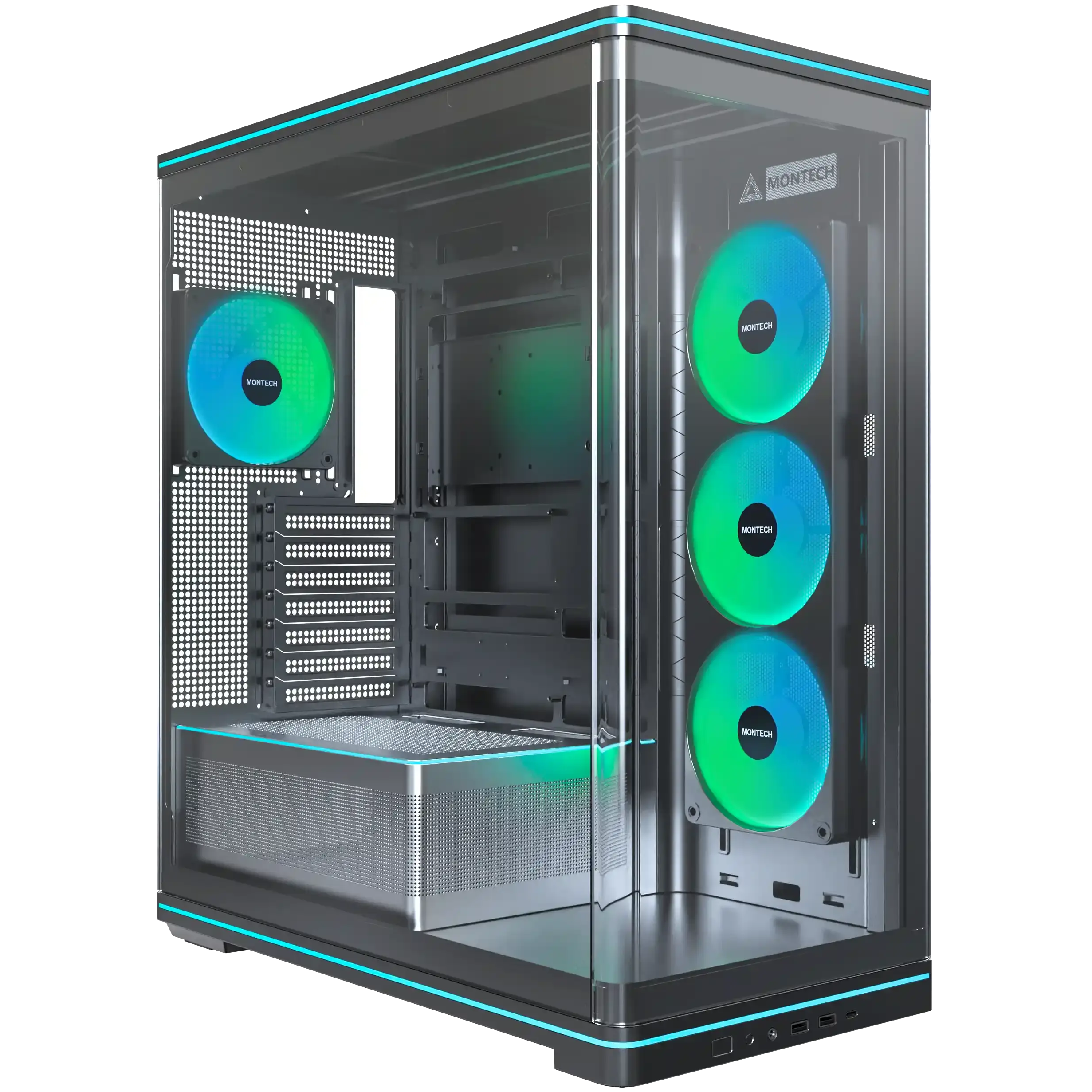 A large main feature product image of Montech TG3 Curved ARGB Mid Tower Case (Black)
