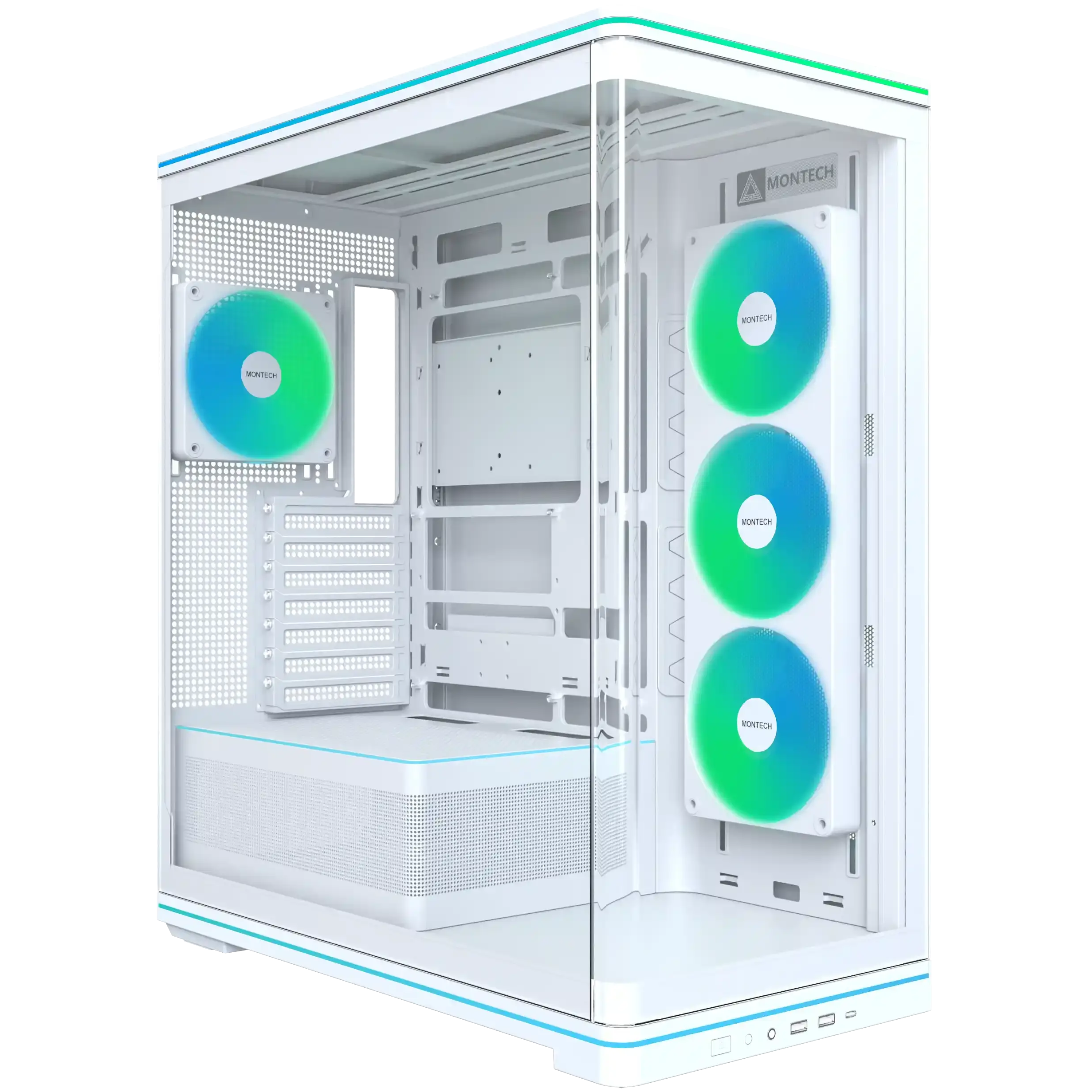 A large main feature product image of Montech TG3 Curved ARGB Mid Tower Case (White)
