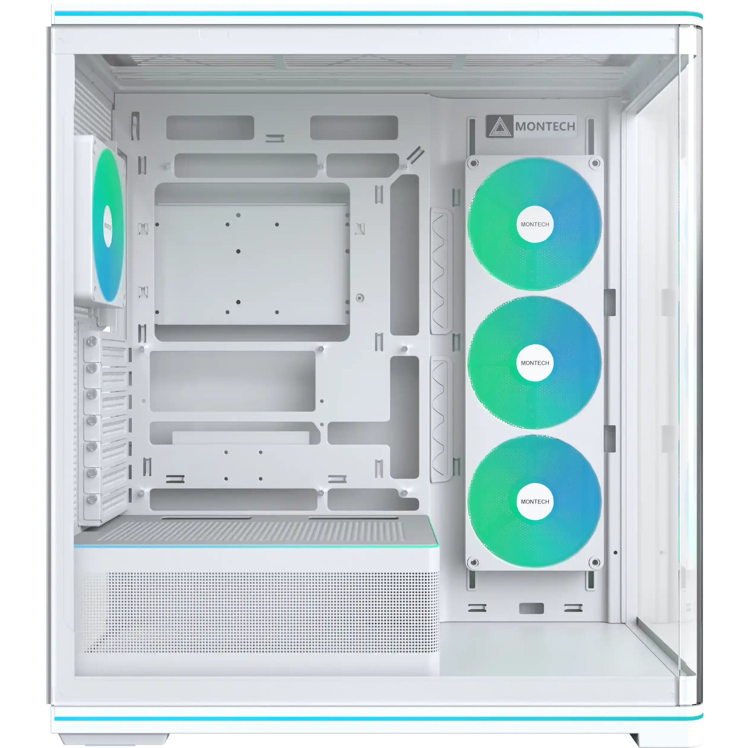 A large main feature product image of Montech TG3 Curved ARGB Mid Tower Case (White)