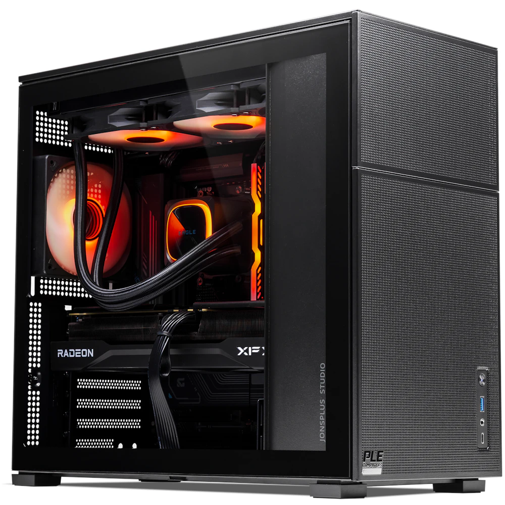 A large main feature product image of PLE Blaze RX 9070 XT Prebuilt Ready To Go Gaming PC