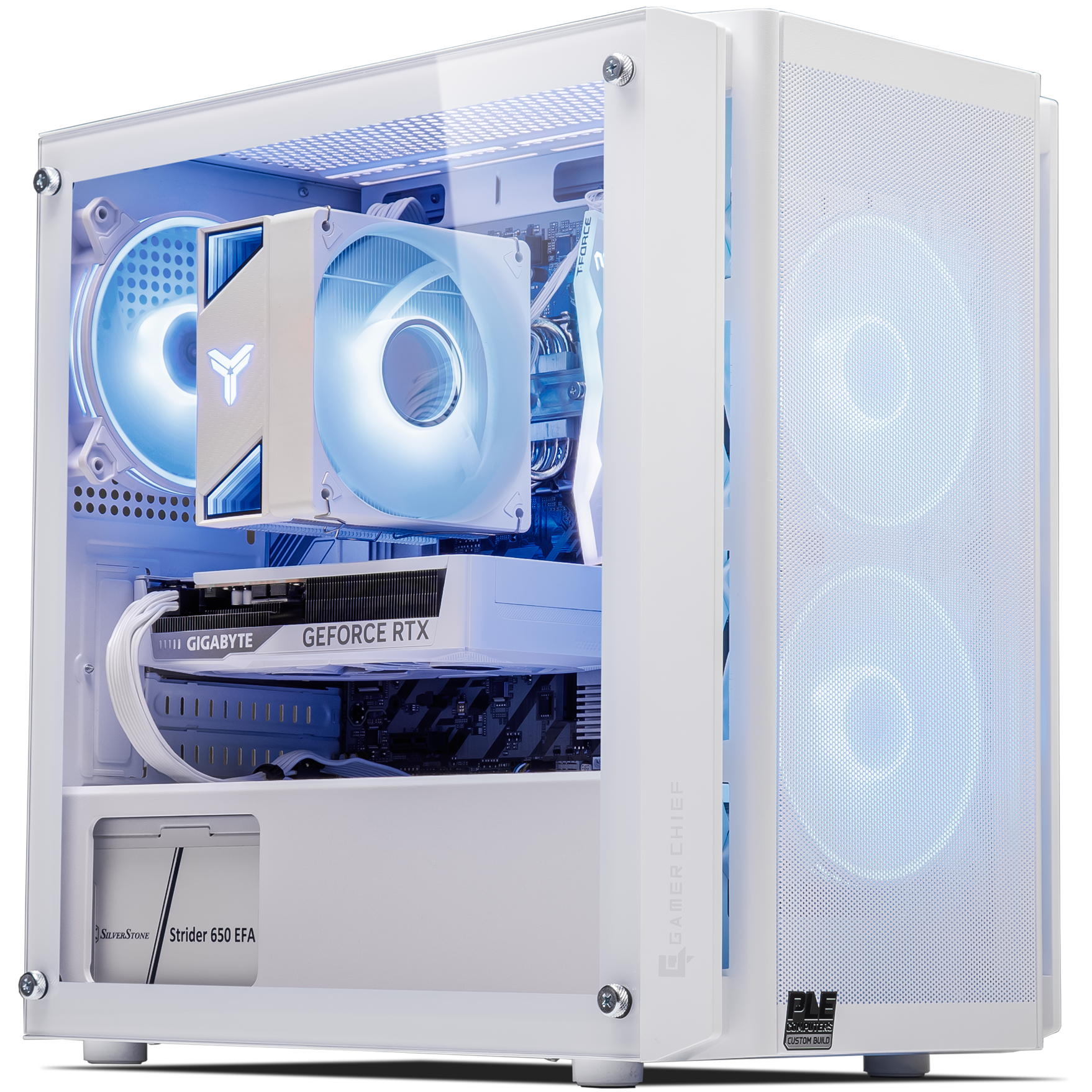 A large main feature product image of EX-DEMO PLE Frost RTX 5060 Prebuilt Ready To Go Gaming PC