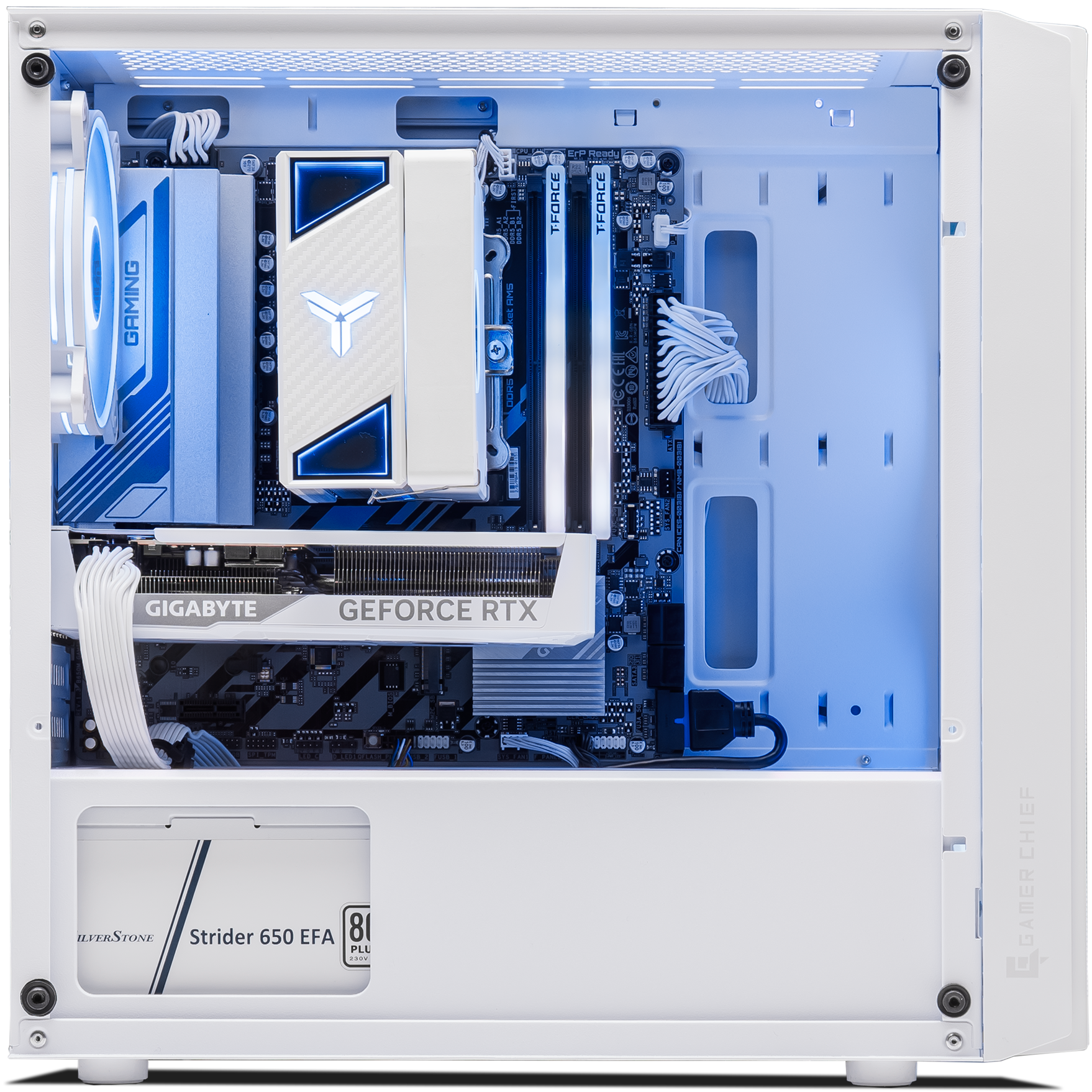 A large main feature product image of EX-DEMO PLE Frost RTX 5060 Prebuilt Ready To Go Gaming PC