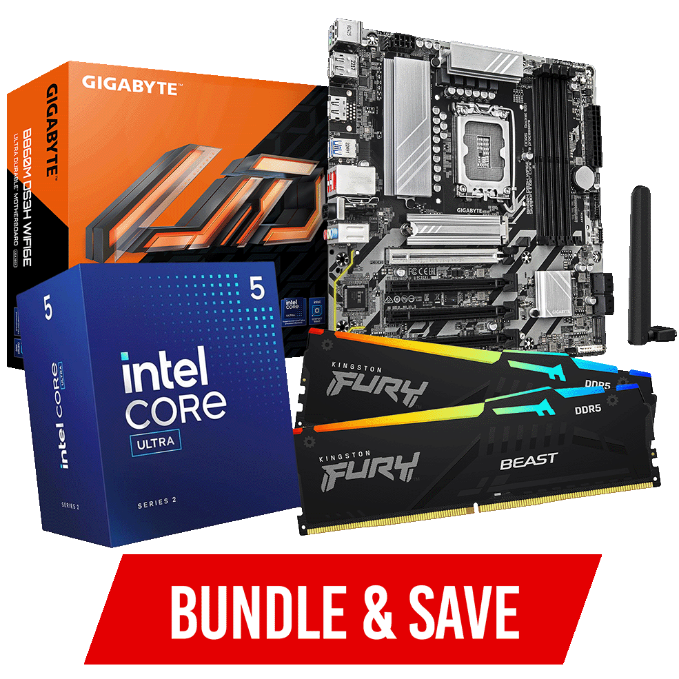 A large main feature product image of Intel Core Ultra x Gigabyte Bundle