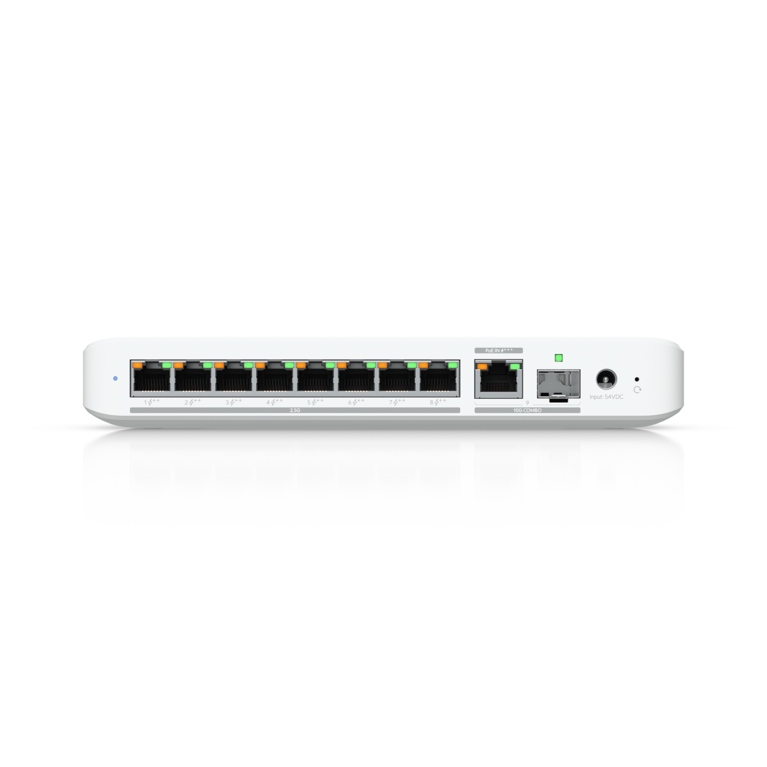 A large main feature product image of EX-DEMO Ubiquiti UniFi Flex 8-Port 2.5GbE PoE++ Switch