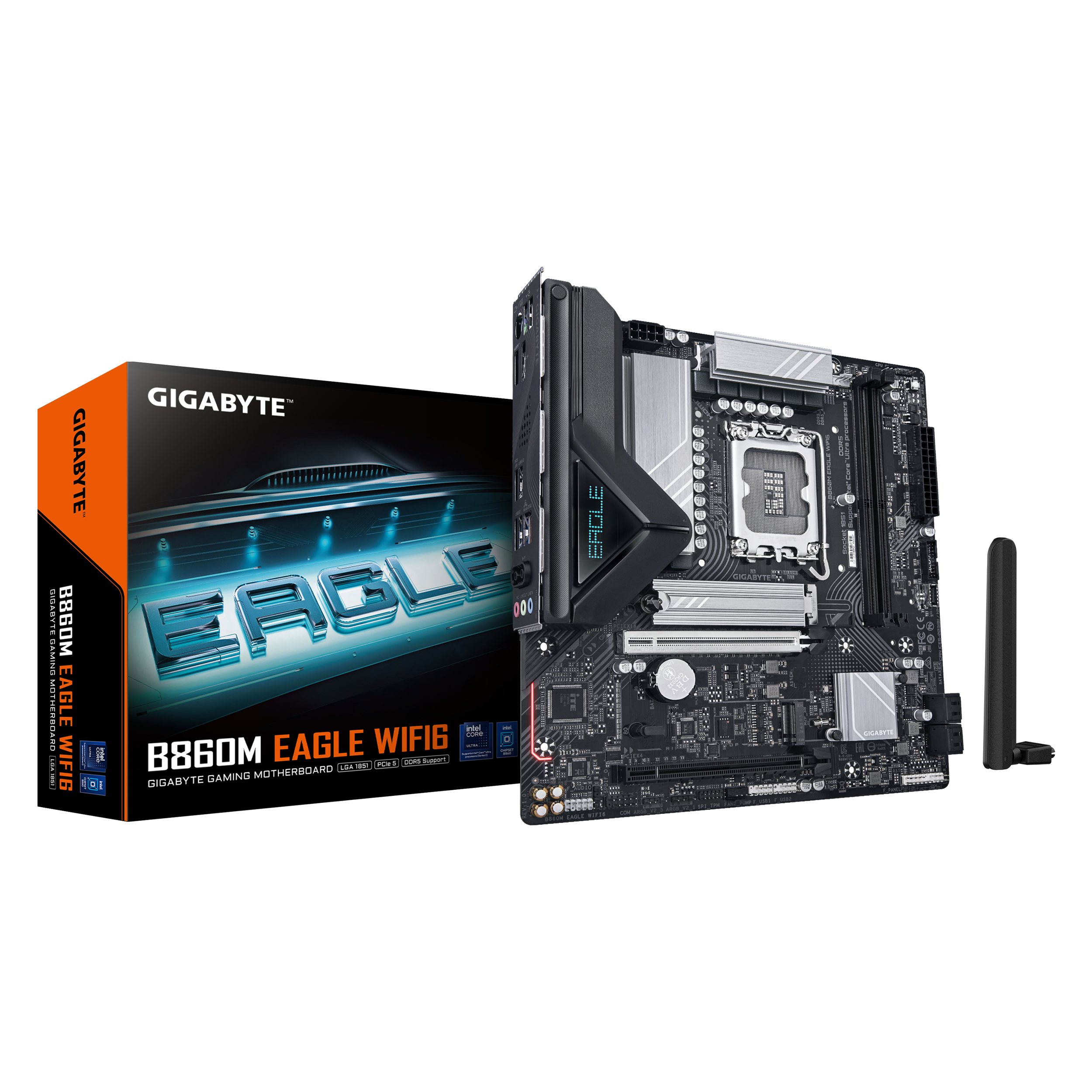 A large main feature product image of EX-DEMO Gigabyte B860M EAGLE WiFi6 LGA1851 mATX Desktop Motherboard