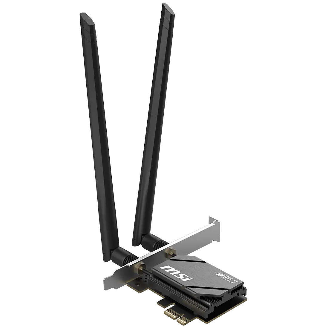 A large main feature product image of EX-DEMO MSI Herald BE6500 Tri-Band Wi-Fi 7 Bluetooth 5.4 PCIe Adapter Card