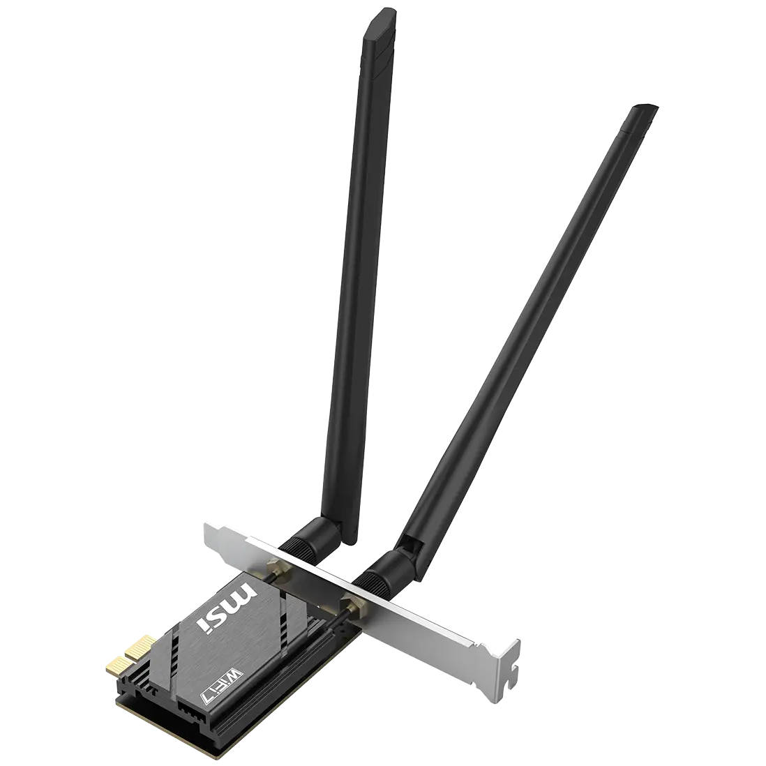 A large main feature product image of EX-DEMO MSI Herald BE6500 Tri-Band Wi-Fi 7 Bluetooth 5.4 PCIe Adapter Card