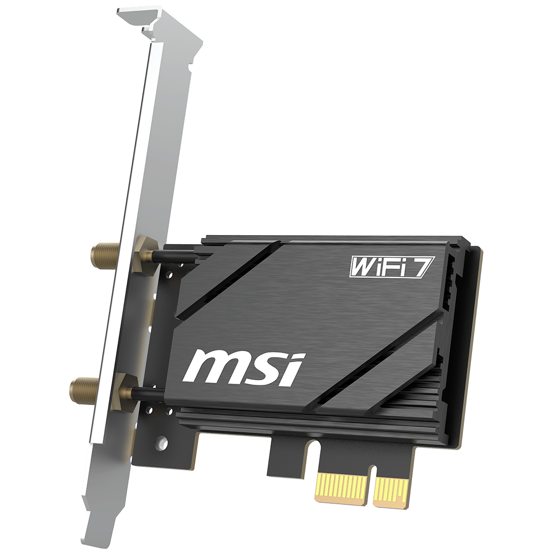A large main feature product image of EX-DEMO MSI Herald BE6500 Tri-Band Wi-Fi 7 Bluetooth 5.4 PCIe Adapter Card